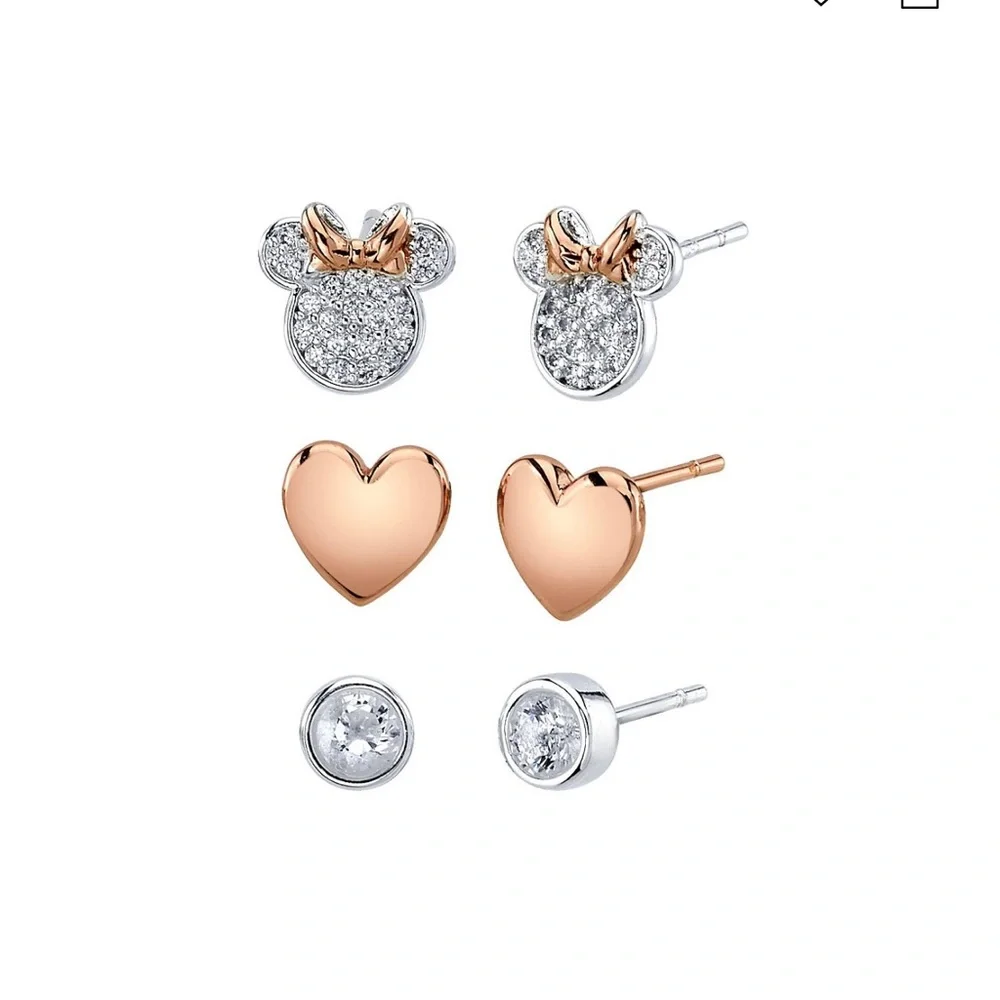 Disney Three Pair Silver Plated Two Tone Rose Gold Heart And Bezel Cubic Zirconi - Picture 1 of 7